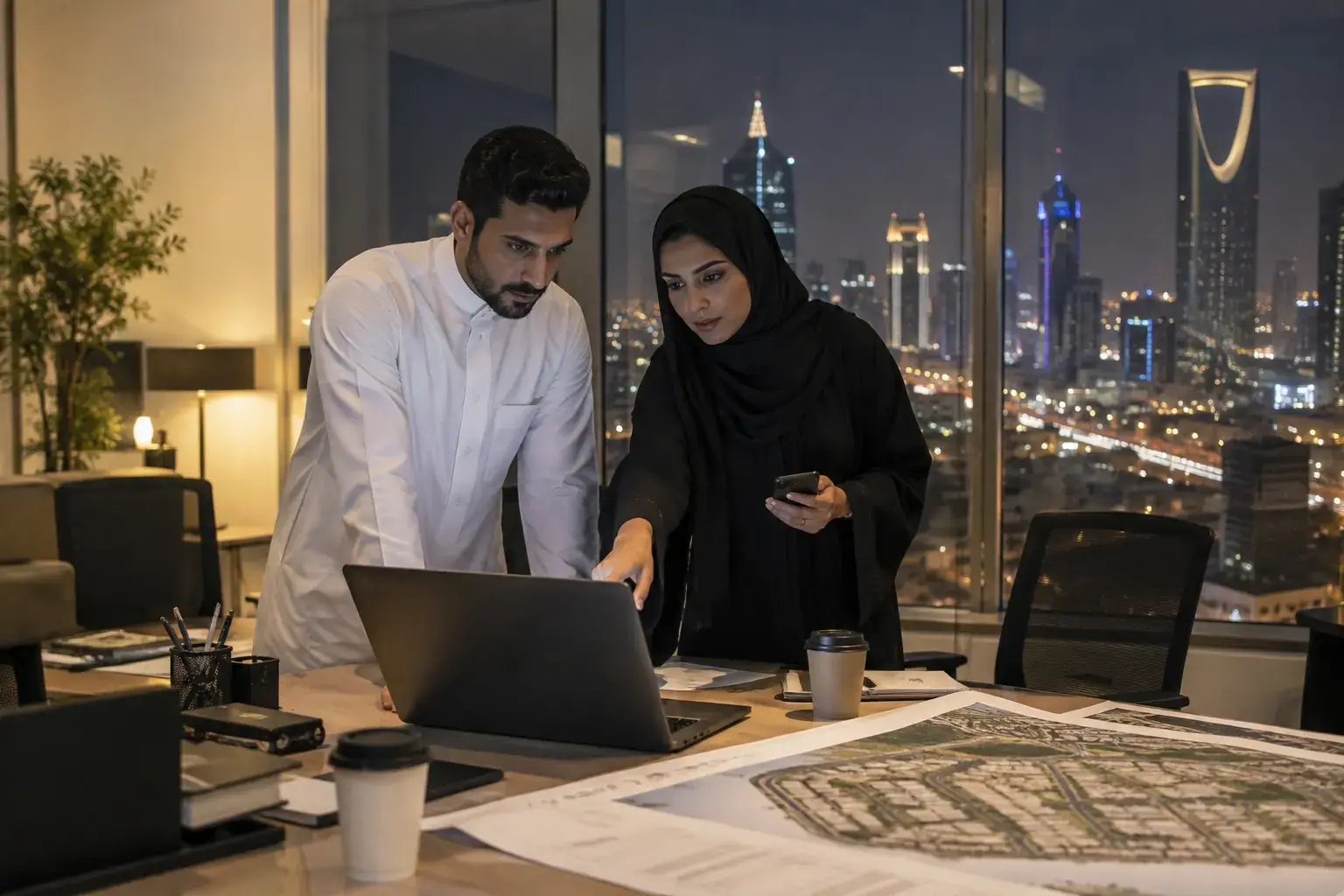 Night in a marketing office in north Riyadh: a manager in a white thobe and a colleague in an abaya lean over a laptop turned away from the camera, a site plan of a housing project on the desk and lit towers through the window.