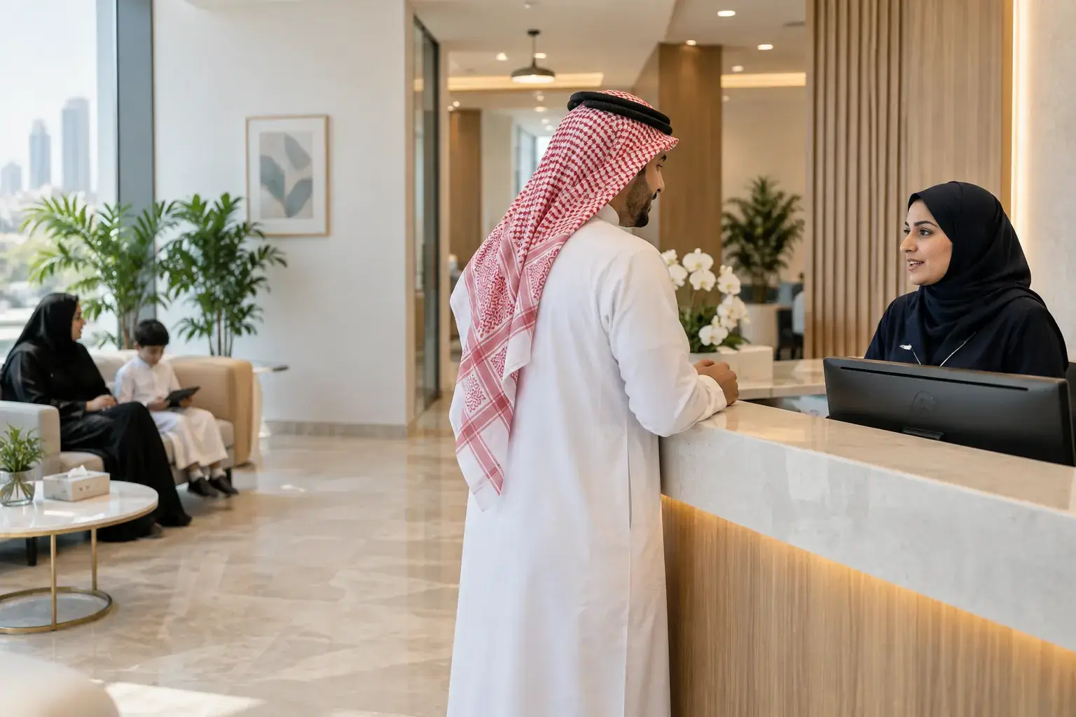 The reception of a private dental and skin clinic on Olaya Street in Riyadh: a receptionist in an abaya talks to a patient in a thobe at the counter while a mother and child wait on a sofa.
