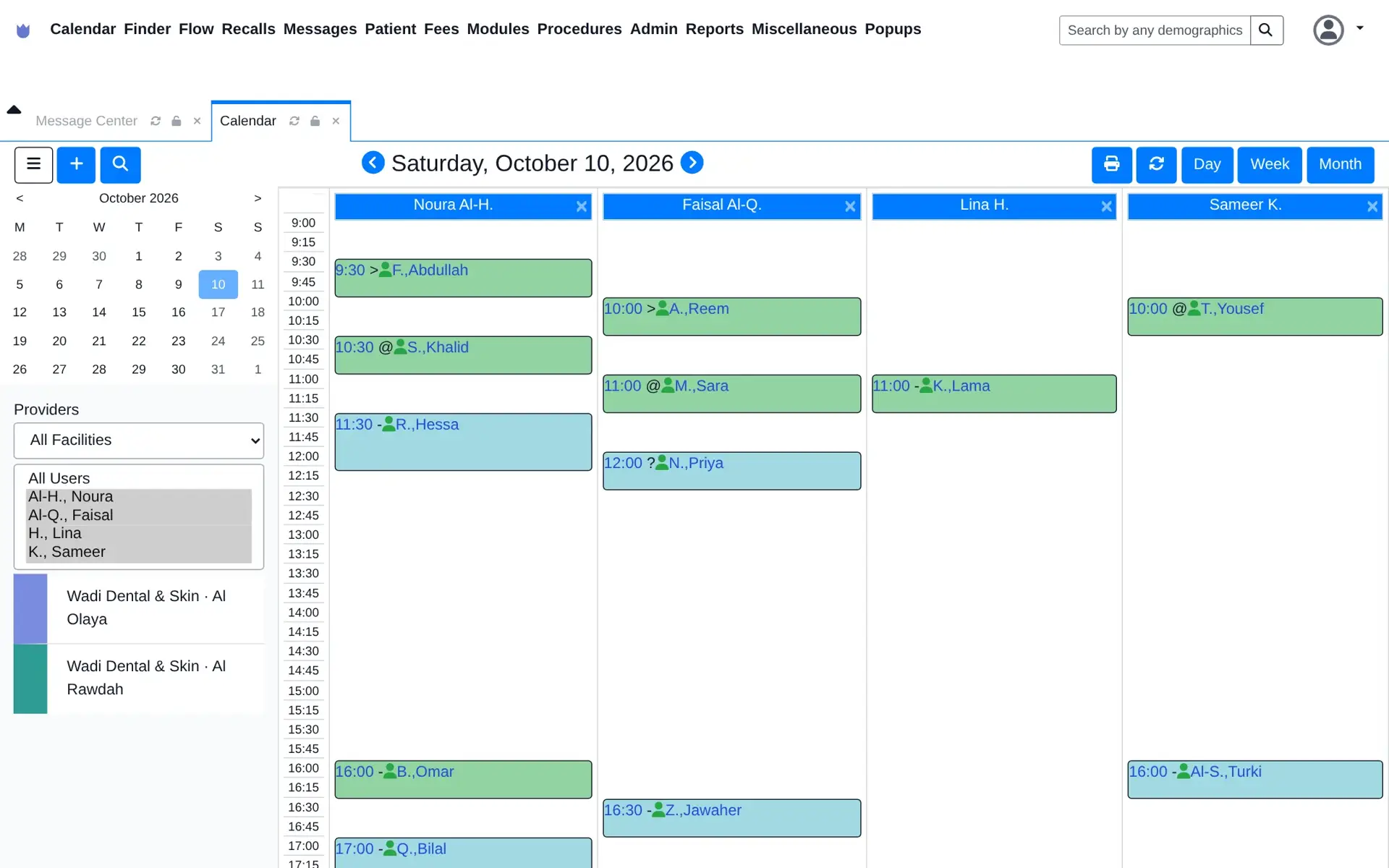 Mindcat Clinic management software day calendar for a sample clinic, Wadi Dental & Skin: one column each for Noura Al-H., Faisal Al-Q., Lina H. and Sameer K. with appointments from 9:30 to 17:00, colour-coded, and both branches, Al Olaya and Al Rawdah, in the side panel.