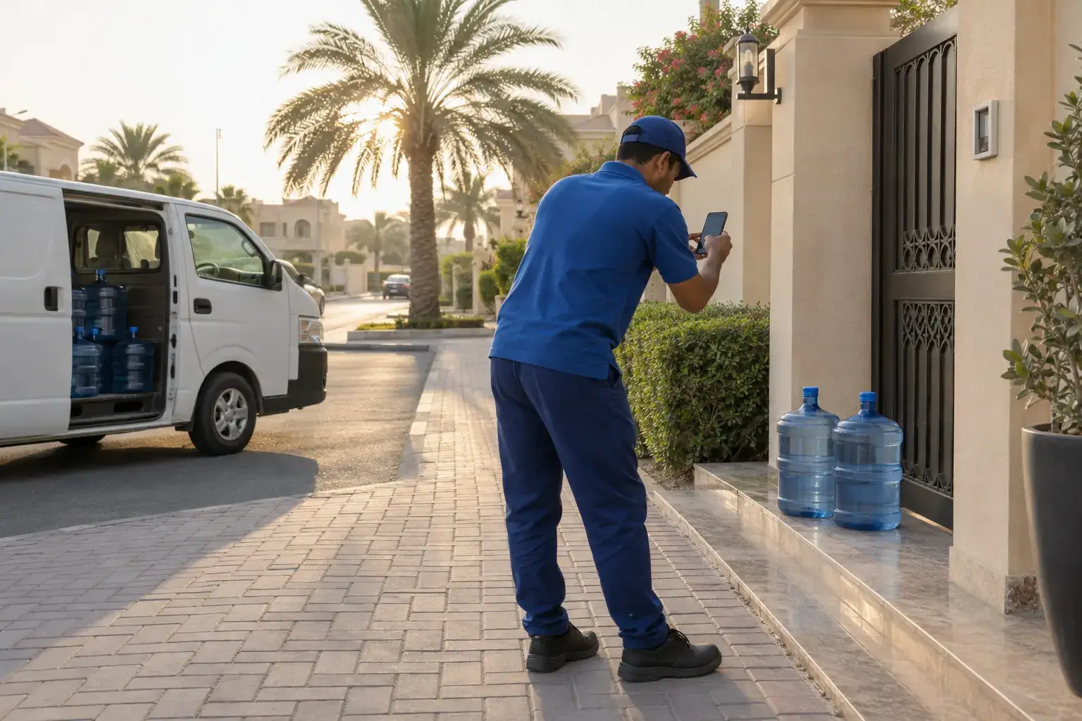 A delivery driver in a blue uniform photographs two water bottles he has left at a villa gate in a Dubai community, his white van parked behind him.