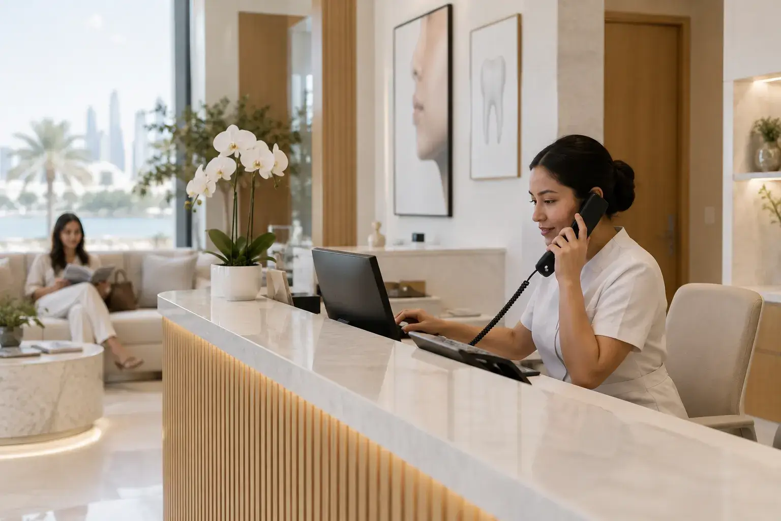 An Emirati woman in an abaya checks in at the reception of a private clinic in Dubai, showing her phone to the receptionist.