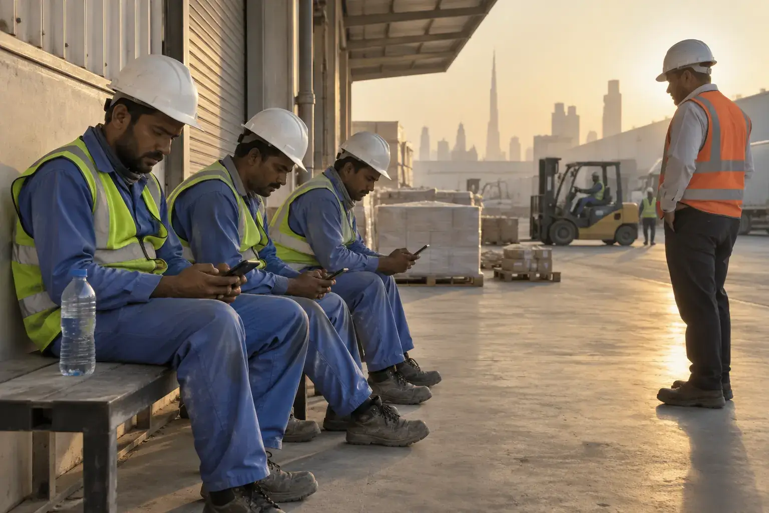 Three site workers in blue coveralls, hi-vis vests and hard hats sit on a bench under a loading-bay canopy, each looking at his phone, while a supervisor in an orange vest stands nearby and a forklift works in the morning sun.