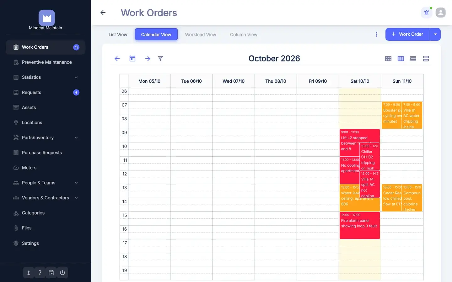 Mindcat Maintain work-order calendar for the week of 5 October 2026, with jobs such as Chiller CH-02 tripping on high, Lift L2 stopped between floors and Villa 14 split AC not cooling, coloured by priority.