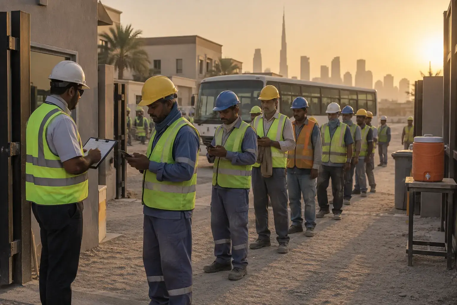 Construction workers in hi-vis vests and hard hats queue at a Dubai Hills site gate at sunrise, checking in on their phones while a foreman with a clipboard watches.