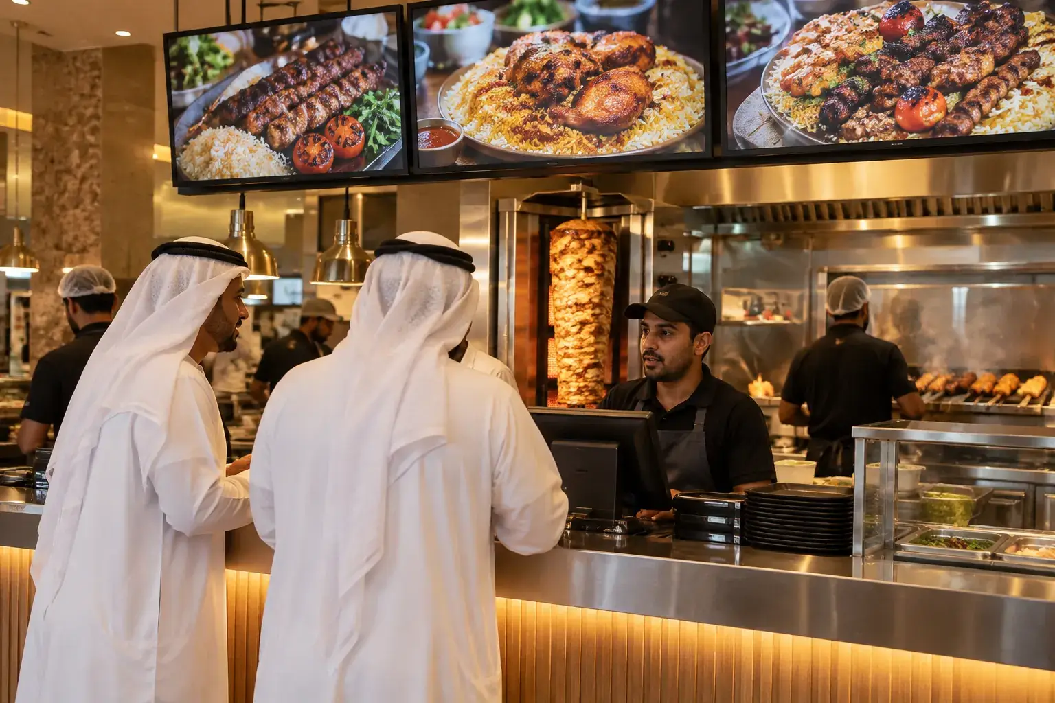 Two Emirati customers order at the counter of a grill and shawarma restaurant in Deira under a row of menu screens showing grills and mandi.