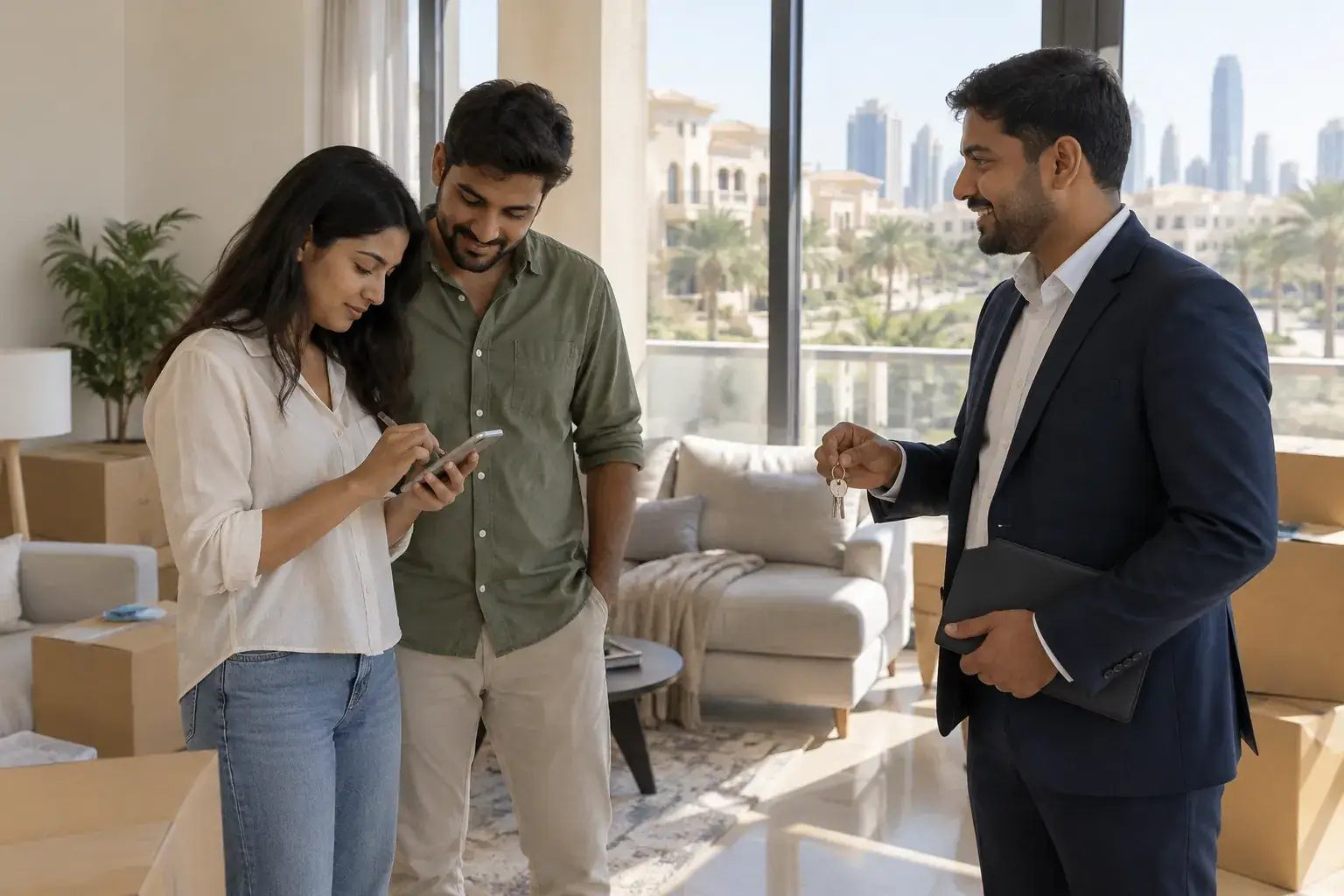 A tenant couple in a new villa in Jumeirah Village Circle, Dubai: the woman signs on her phone while a leasing agent waits with the keys.