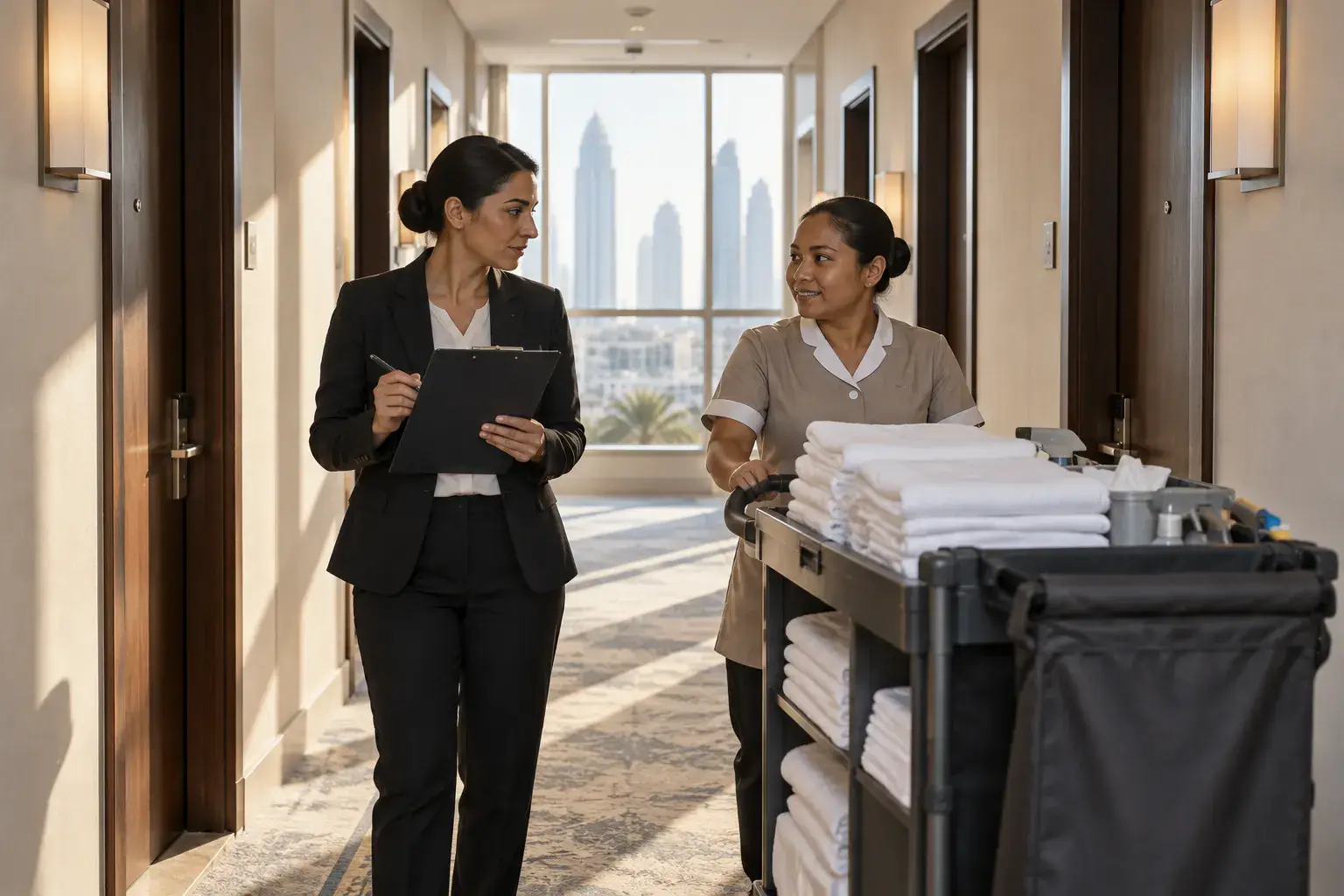 A housekeeping supervisor with a clipboard talks to a room attendant beside a linen trolley in a hotel apartment corridor in Al Barsha, towers in the window behind them.