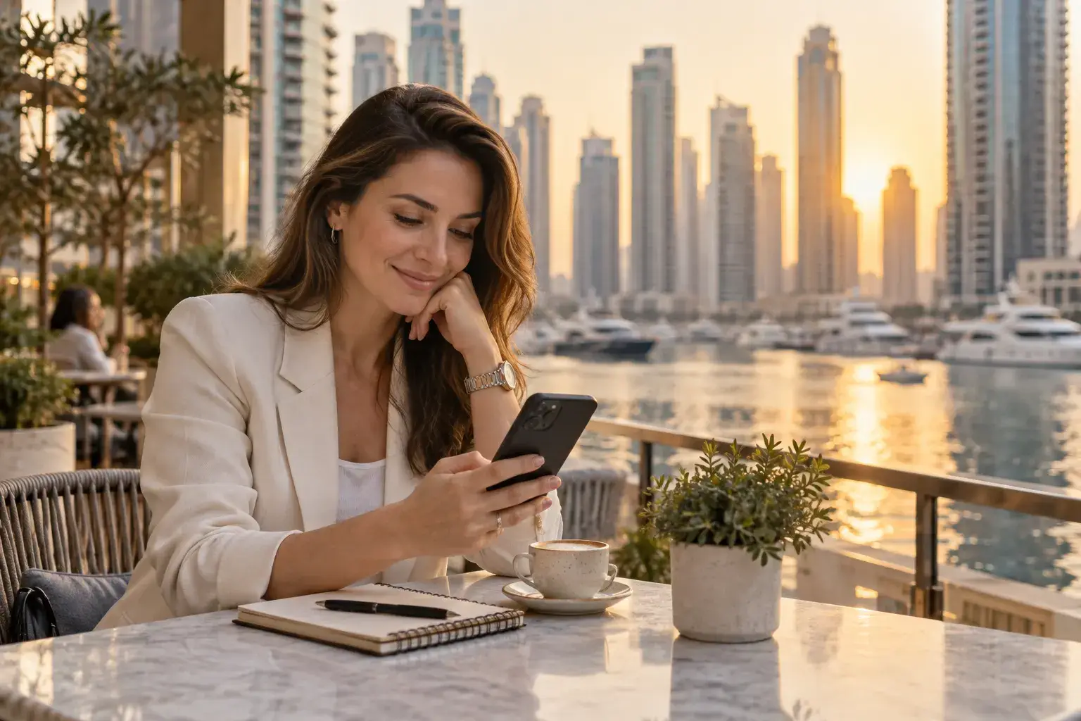 A coach at a Dubai Marina café terrace at sunset, smiling at a new message on her phone.