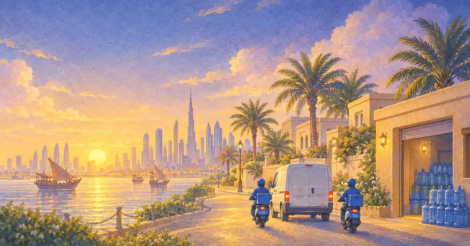 A delivery van and two scooter riders leaving a warehouse stacked with water bottles at dawn, a Gulf city skyline across the water.