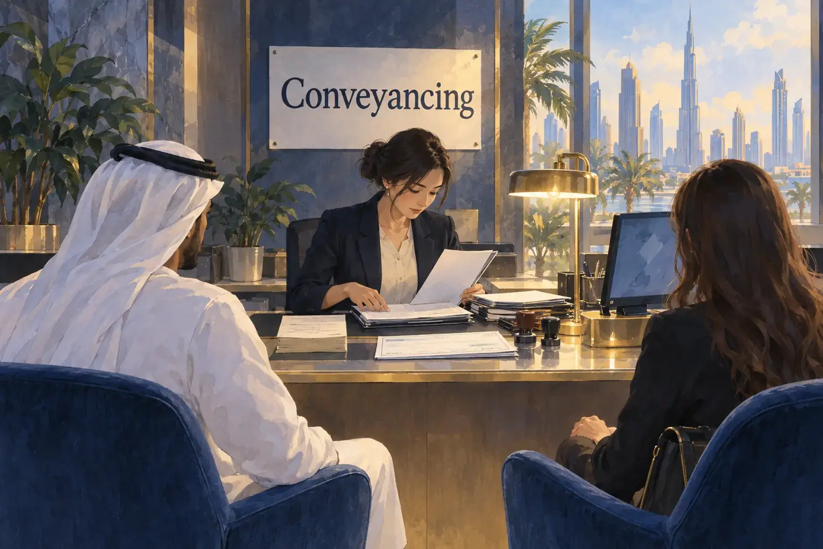 A conveyancer at a Dubai trustee office counter with a folder of transfer documents and stamps, the word Conveyancing on a sign behind the desk.