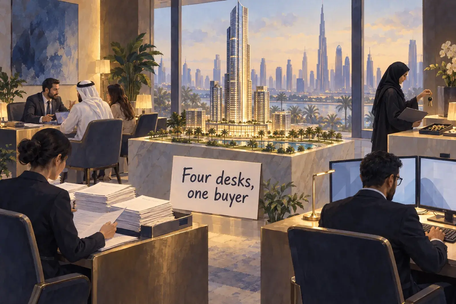 A Dubai developer sales gallery with a tower model and four desks around it, a consultant, a sales administrator, a finance officer and a handover officer, the words Four desks, one buyer on a sign.