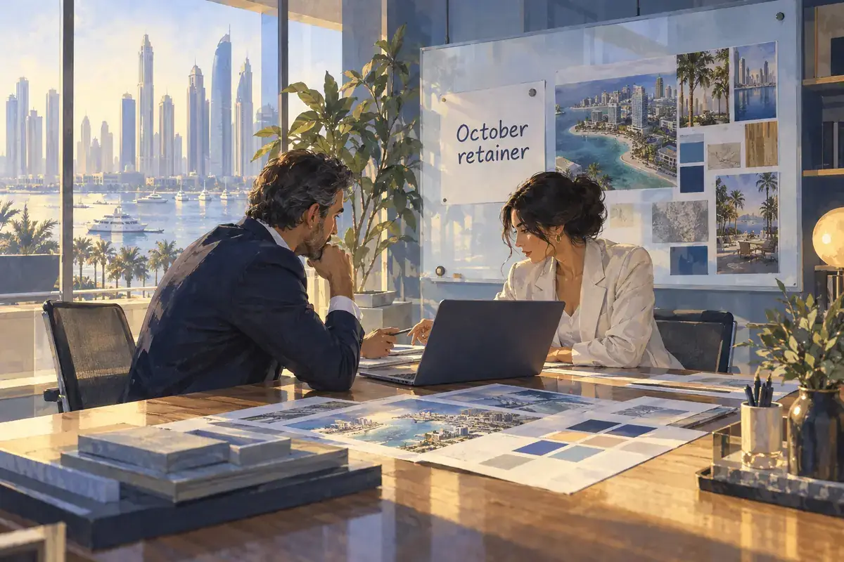 Painted scene: an agency director and a property developer’s client at a meeting table in a Dubai Media City studio, a sheet reading “October retainer” on the table and launch mood boards on the wall.