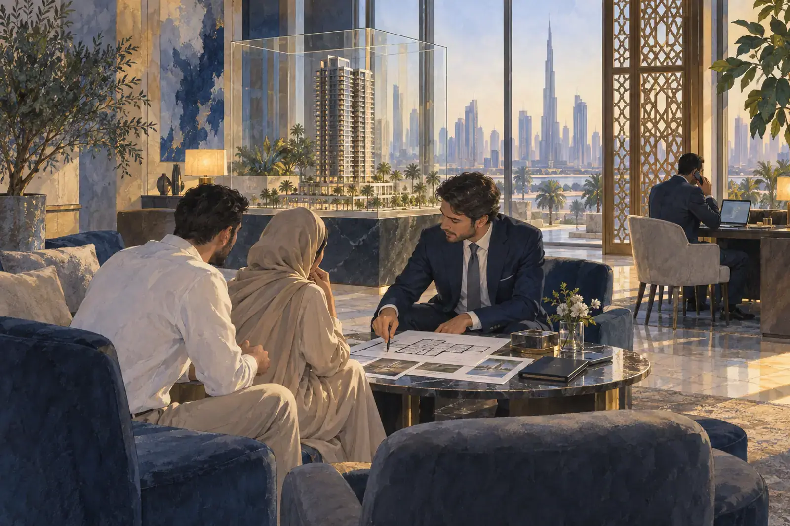 A sales consultant shows a buyer couple a floor plan and payment plan beside a scale model of a residential tower in a Dubai sales gallery.
