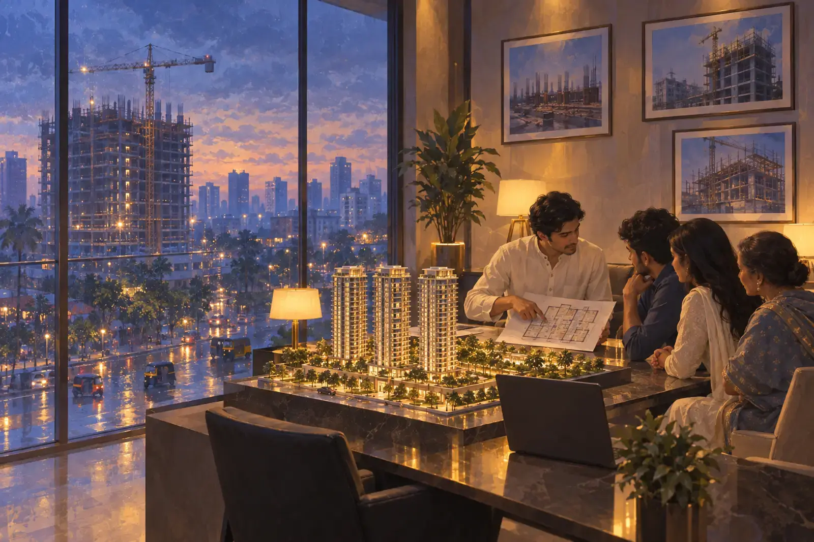 A builder’s site sales office in an Indian city at dusk: a sales manager shows a floor plan to a young couple and a parent beside a model of three towers, a half-built tower with a crane and wet roads with auto-rickshaws outside the window.