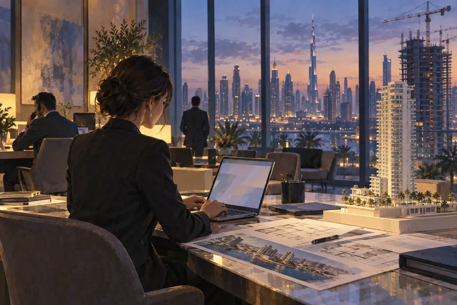 A sales agent at a developer’s sales gallery answering a buyer’s message on a laptop, a tower model and floor plans on the table, the city at dusk outside.