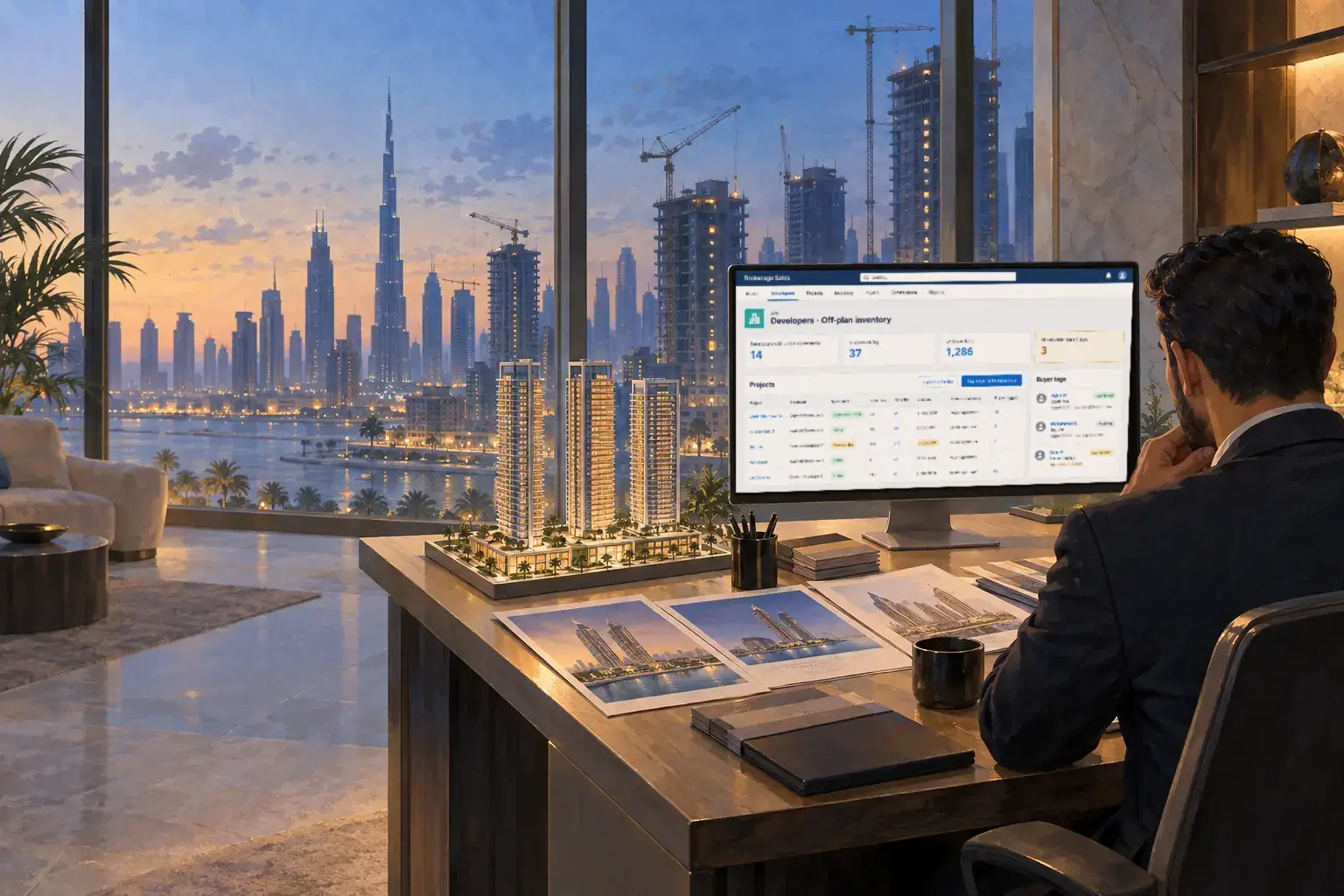 An off-plan desk at dusk: an agent at a large monitor, a tower model and brochures on the desk, cranes over the skyline.