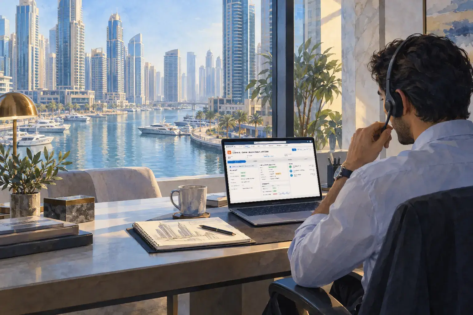 A listing agent with a headset at a desk by a Dubai Marina window, an owner record on his laptop.