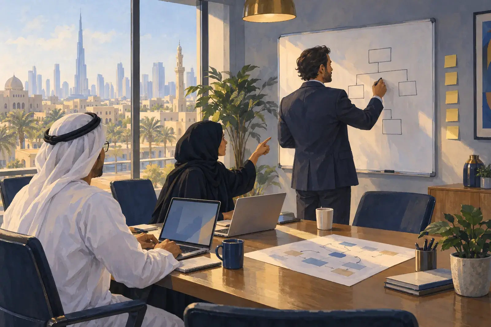 A partner consultant at a whiteboard sketching an object model while two in-house admins take notes on laptops.