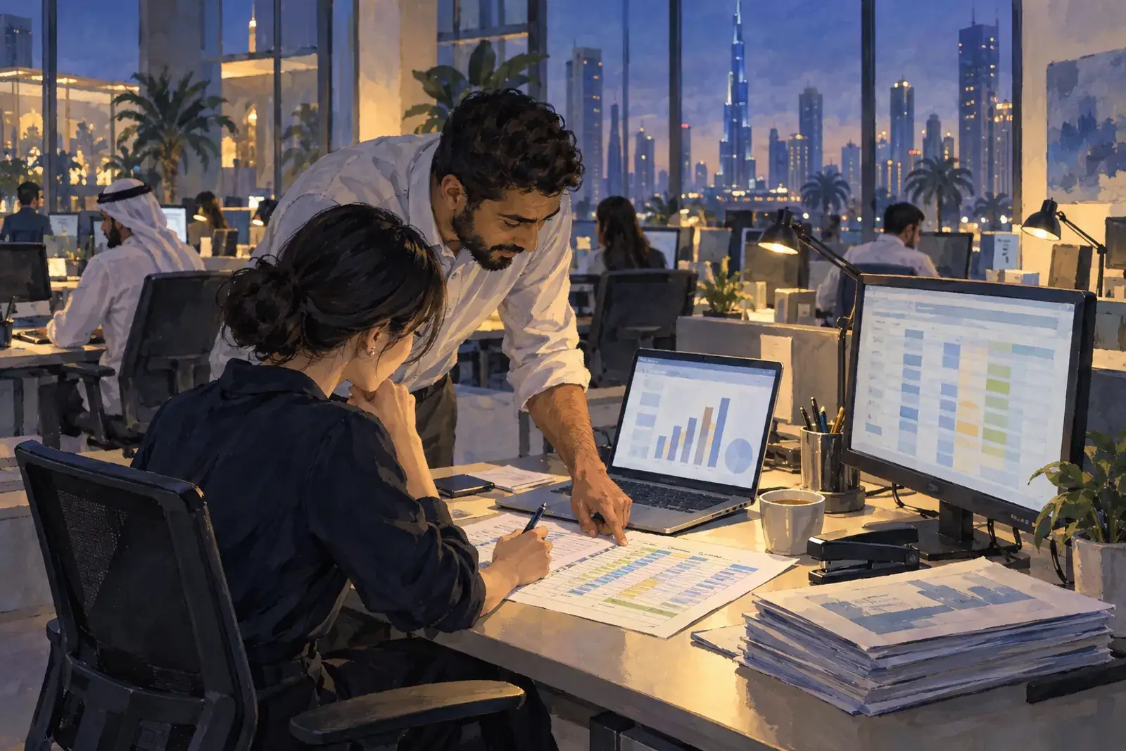 An operations manager comparing a laptop showing a CRM report with a printed spreadsheet full of handwritten corrections.