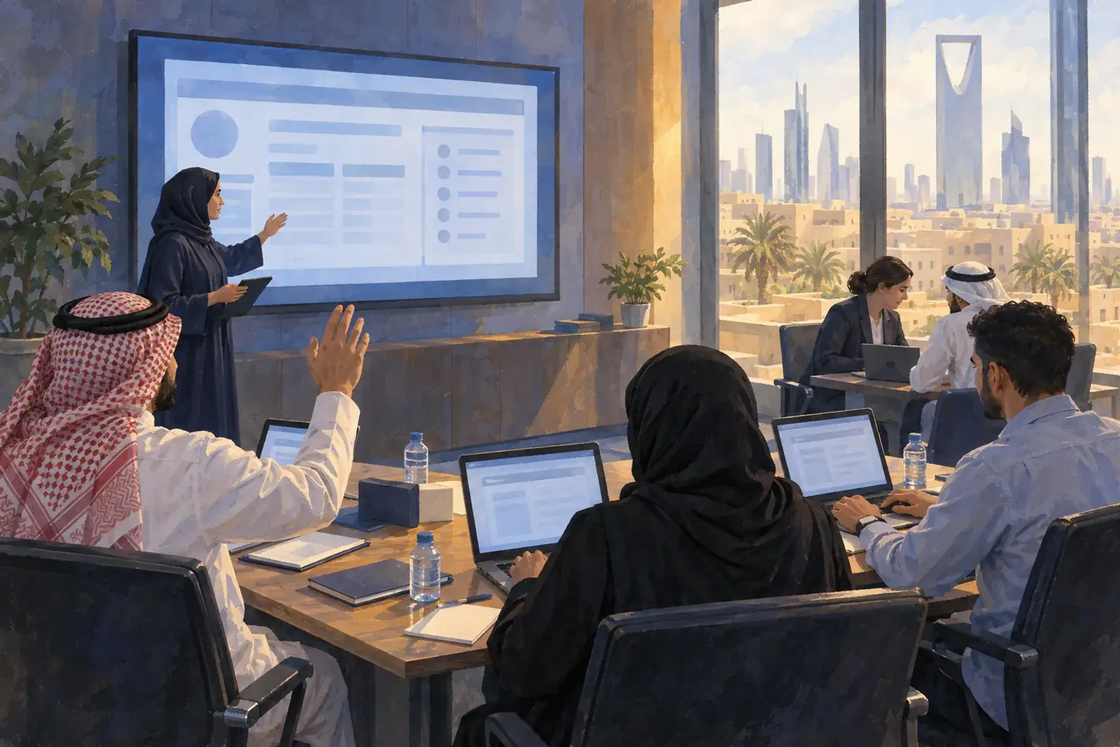 A trainer walking three sales staff through a live customer record on a large screen in a meeting room.