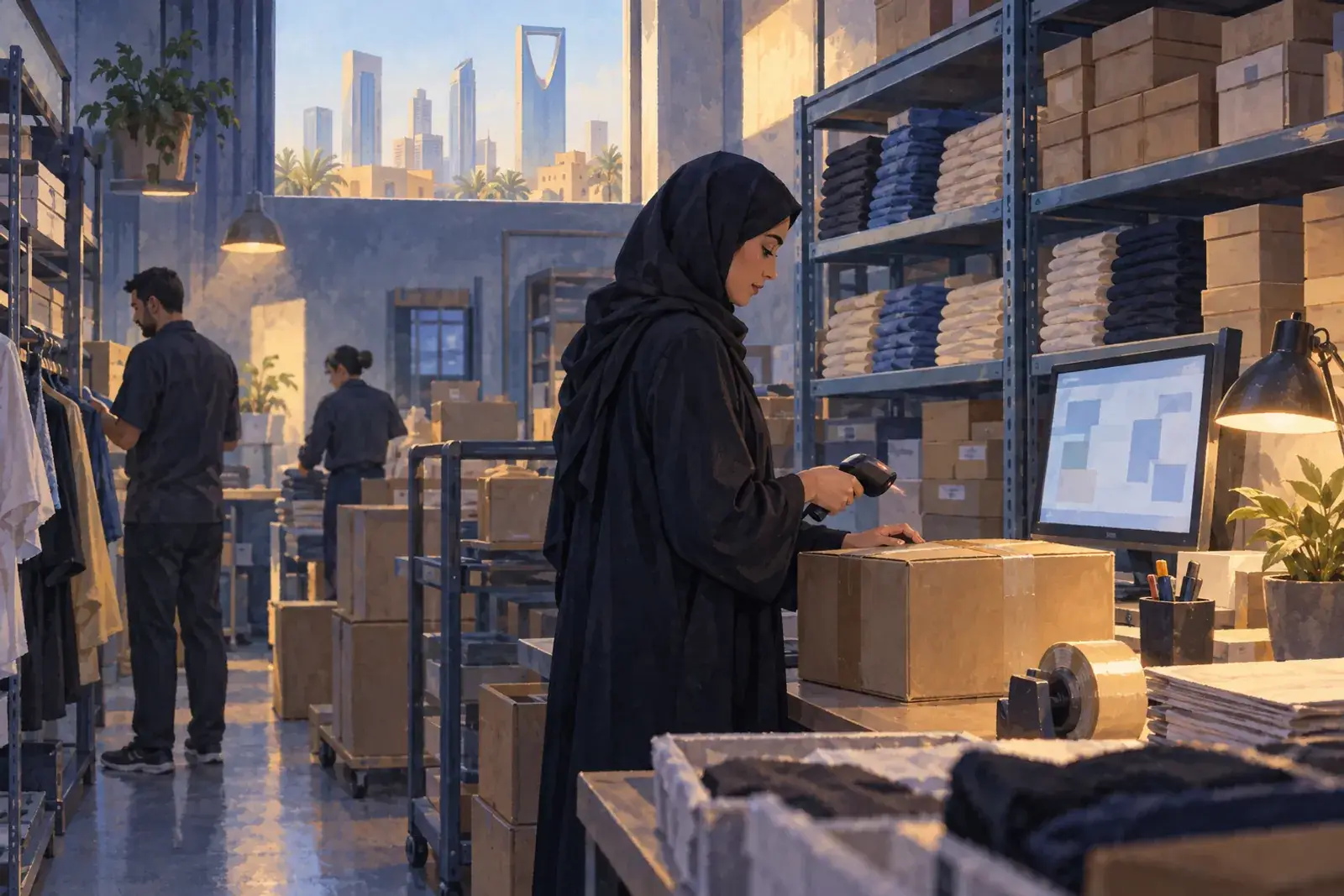 A clerk scanning an outgoing parcel in a store's back room, shelves of folded garments and shoeboxes beside her.