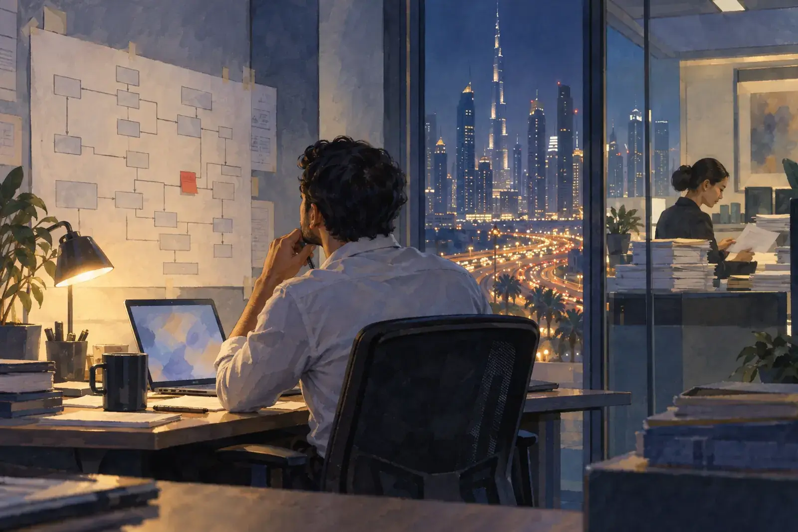 An integration engineer at night studying a system map with one failing link marked in red, a finance clerk with paper invoices behind the glass.