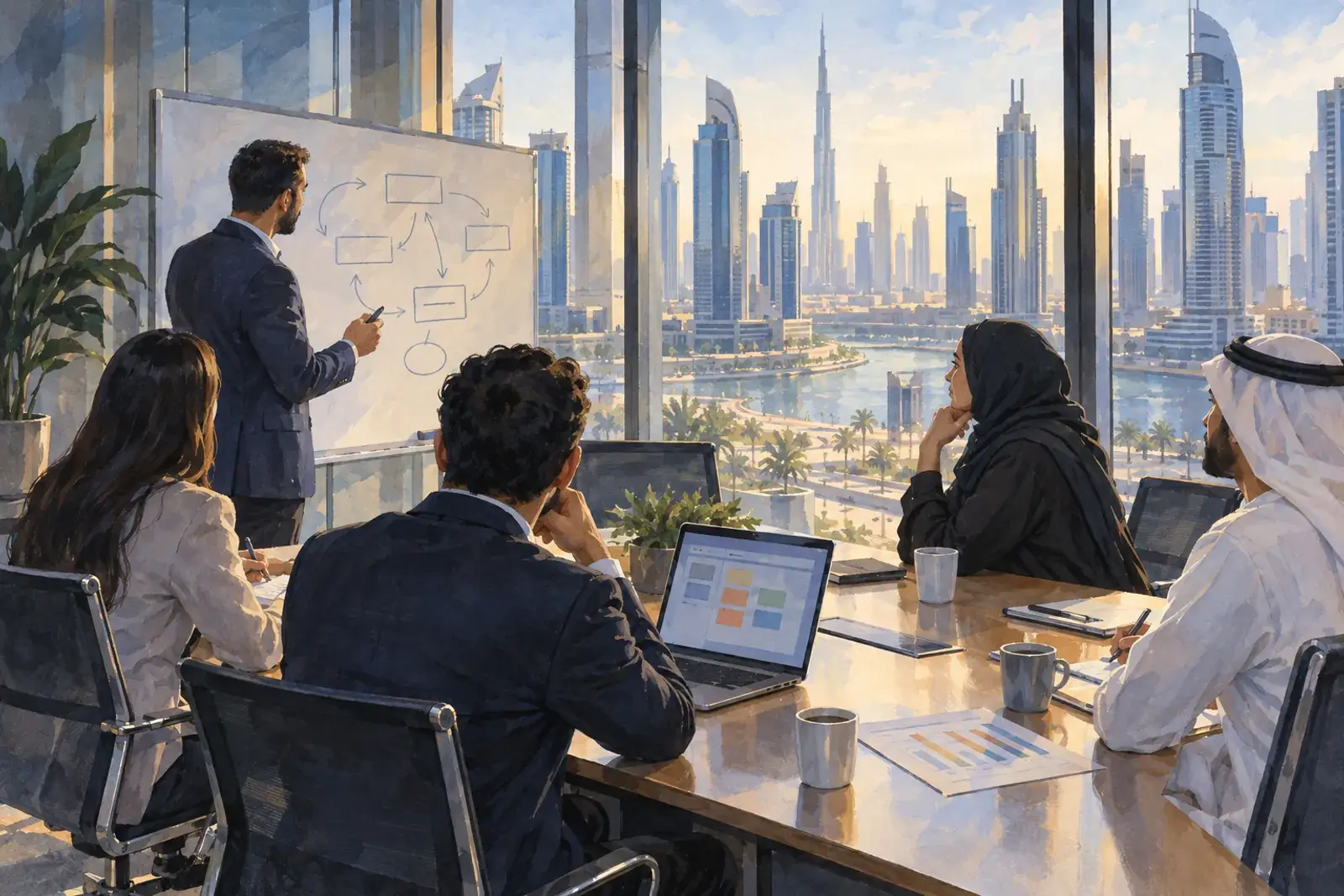 A sales manager and four reps in a Monday pipeline review, a laptop open and a printed chart on the table, the Dubai skyline behind them.