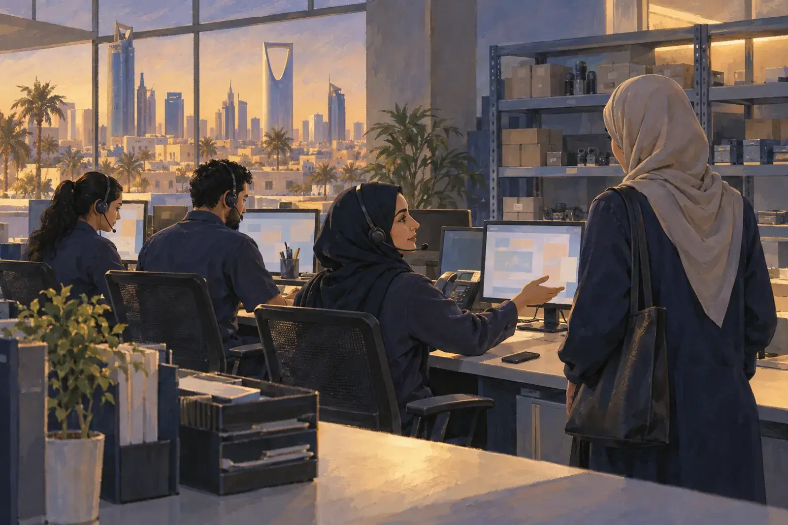 Service agents with headsets at a shift change, one showing a colleague the open case on her screen, spare parts on shelves behind them.