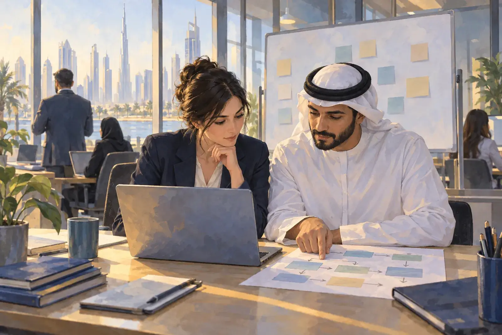 A consultant and an operations manager review a process sheet together in week one.