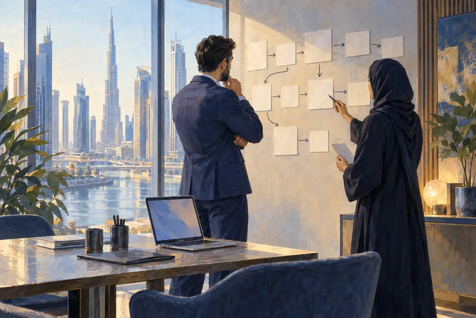 A sales lead and a consultant map an enquiry process on a wall of blank cards in a Dubai office.