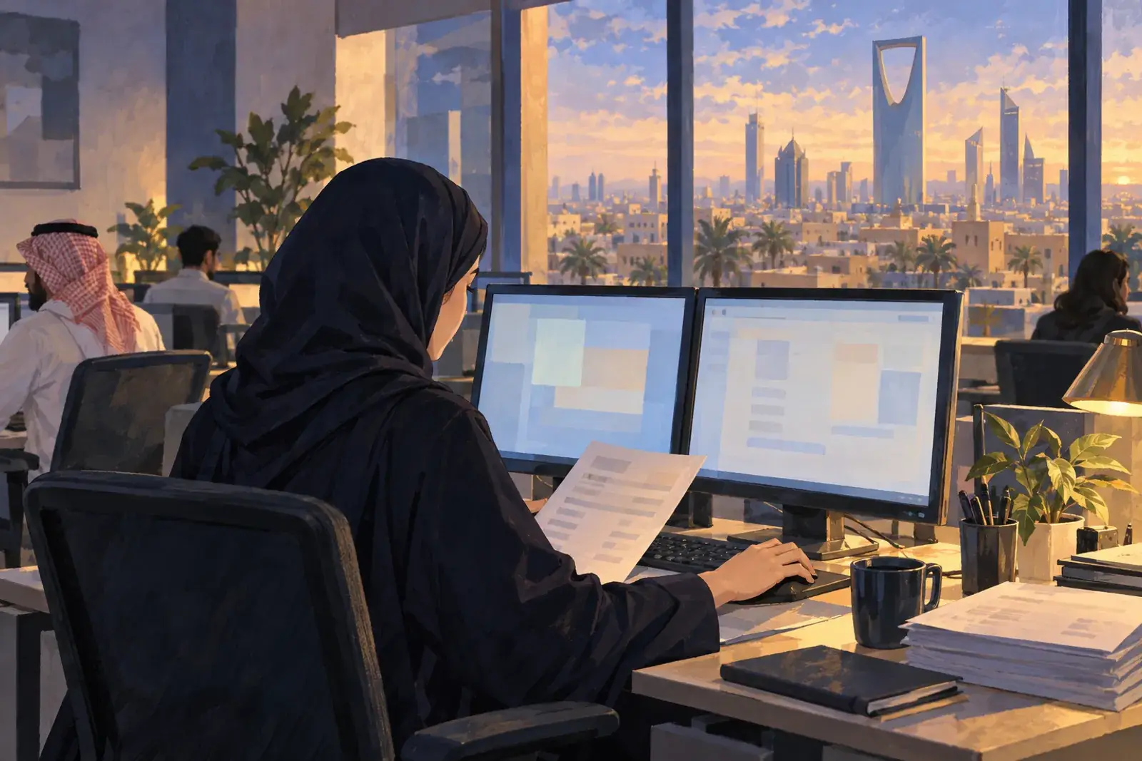 A finance clerk retypes an order between two systems at a desk in Riyadh.