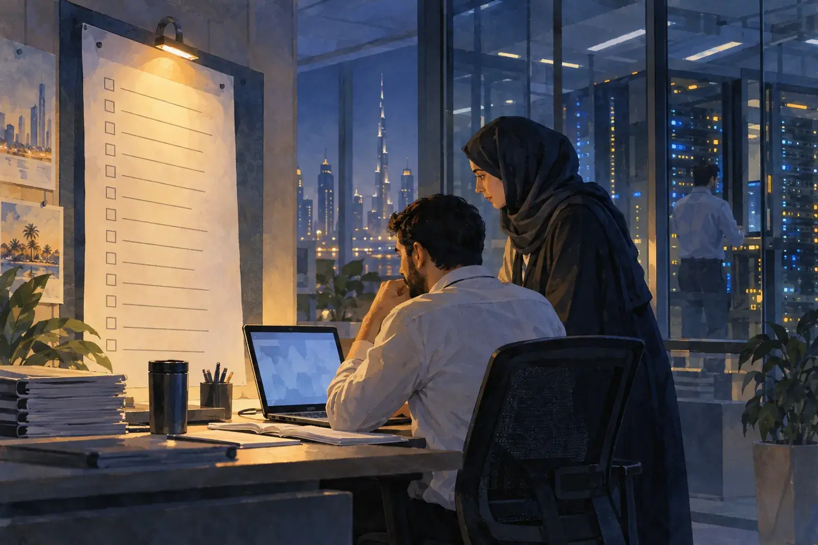 Two engineers work through a printed cutover checklist late in the evening.