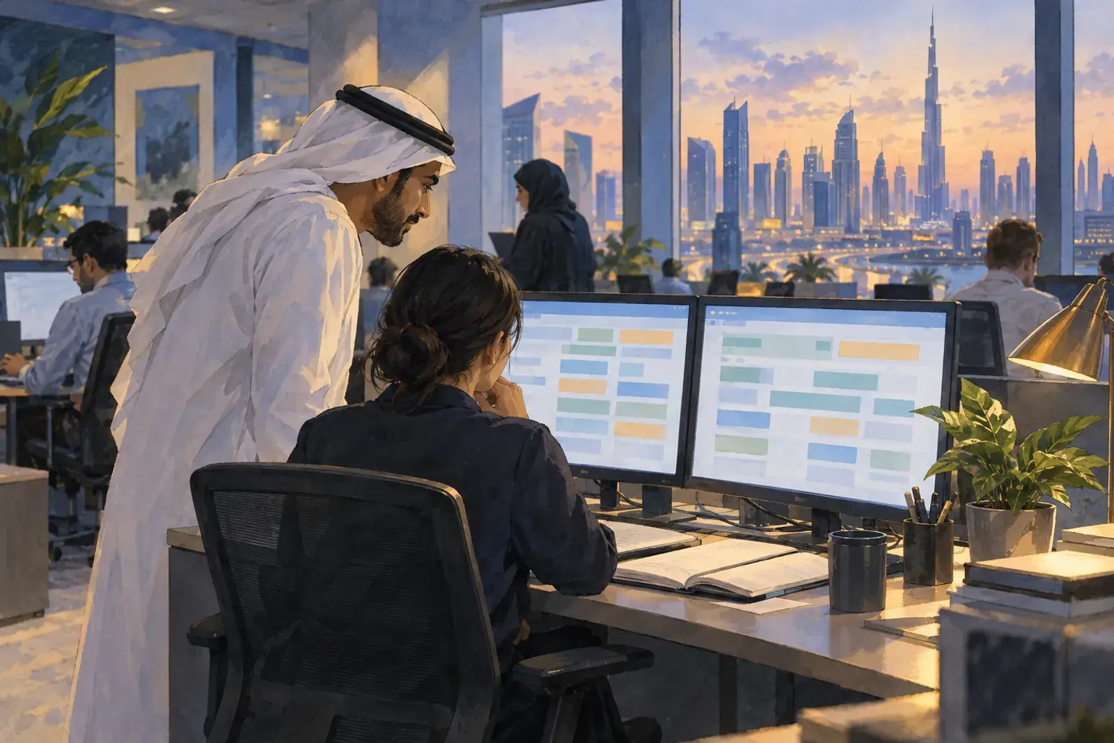 A clerk and a supervisor compare an agent’s suggestions with the clerk’s own work during a shadow run.
