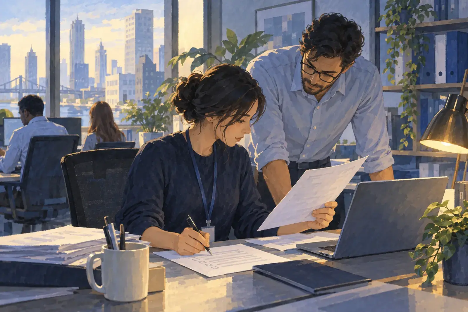 A reviewer in a US office ticks a paper checklist while reading printed pages beside a laptop, a colleague leaning in.