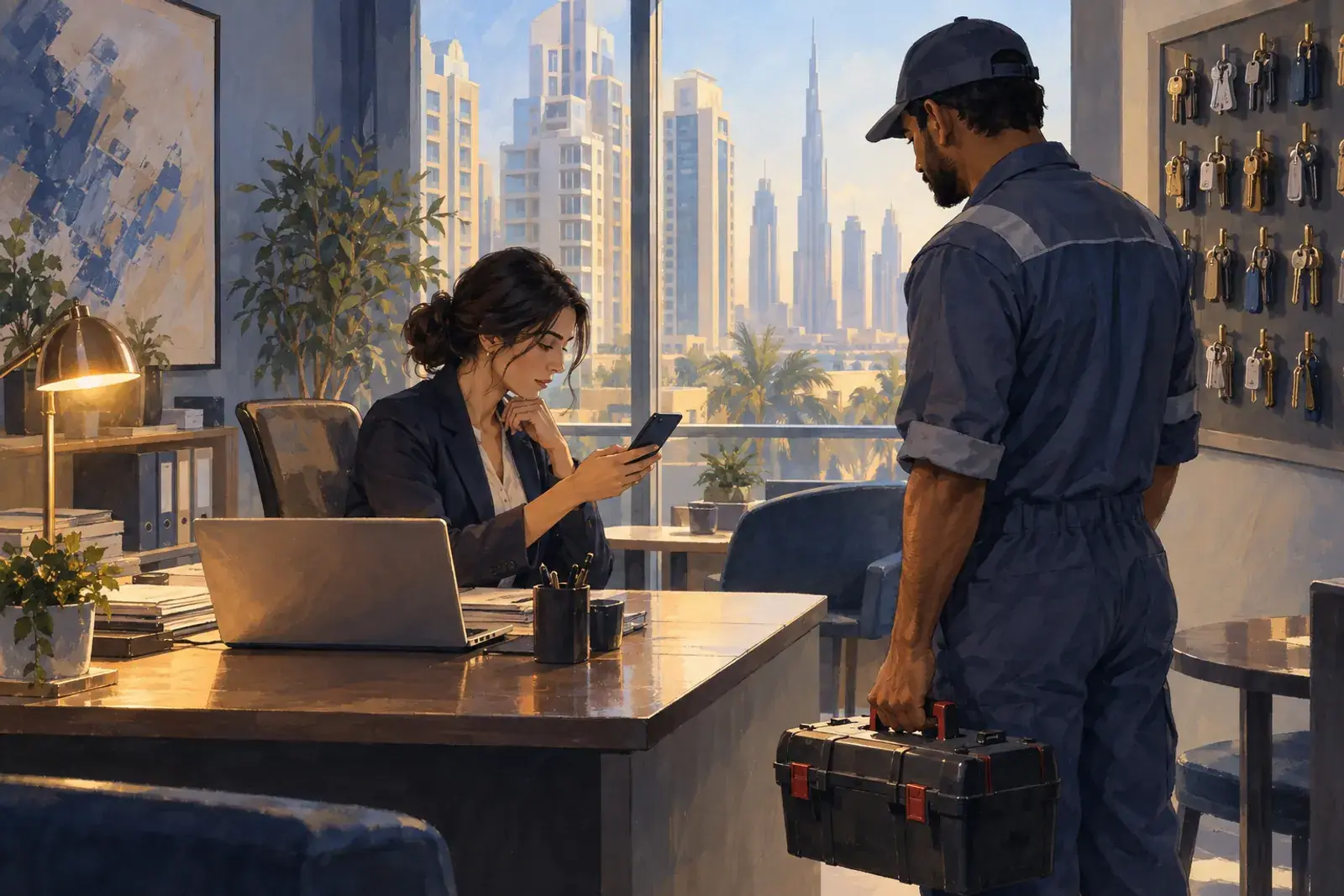 A maintenance coordinator in a Dubai property office reads a tenant repair request on her phone as a technician waits.