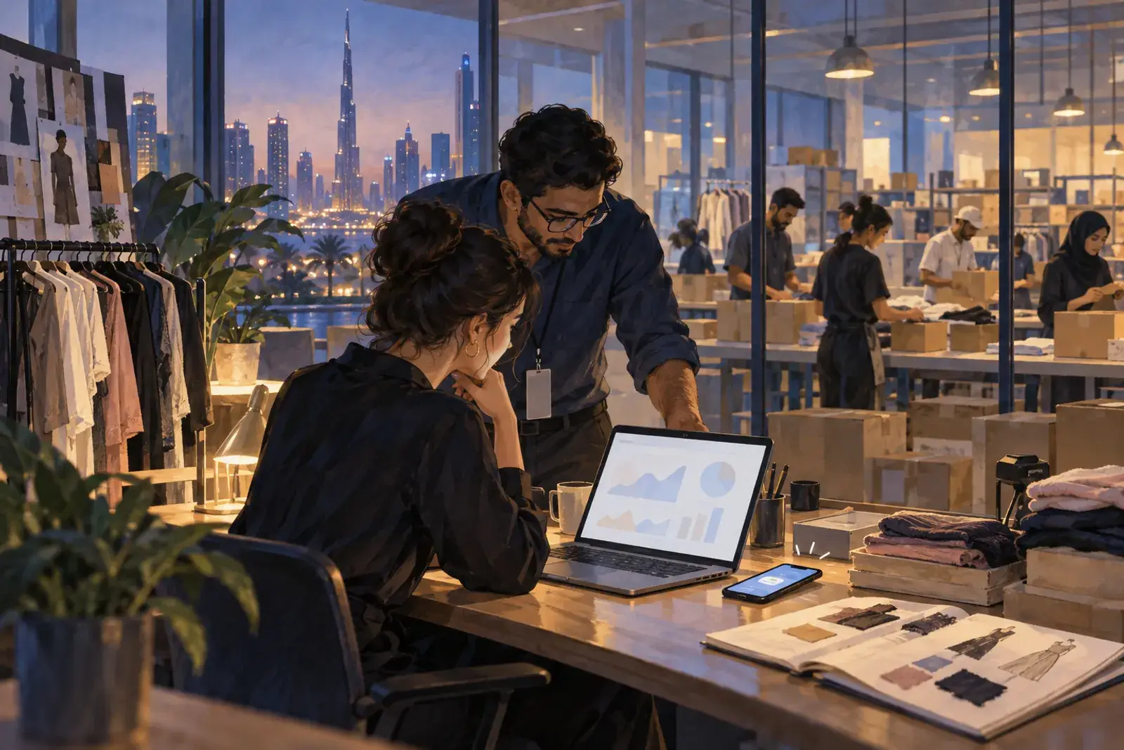 An e-commerce team in a Dubai office watches orders on a laptop while packers box parcels on sale night.