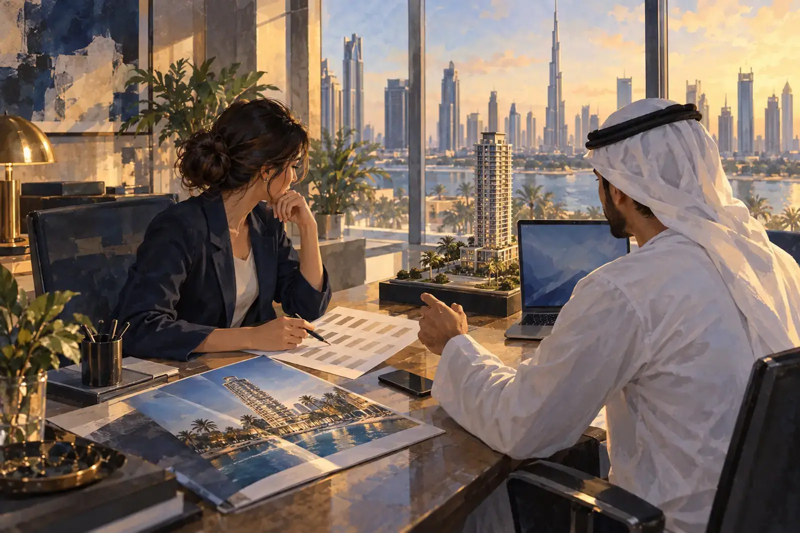 A marketing manager and a developer in a Dubai office go through a printed list of name ideas next to a tower model.