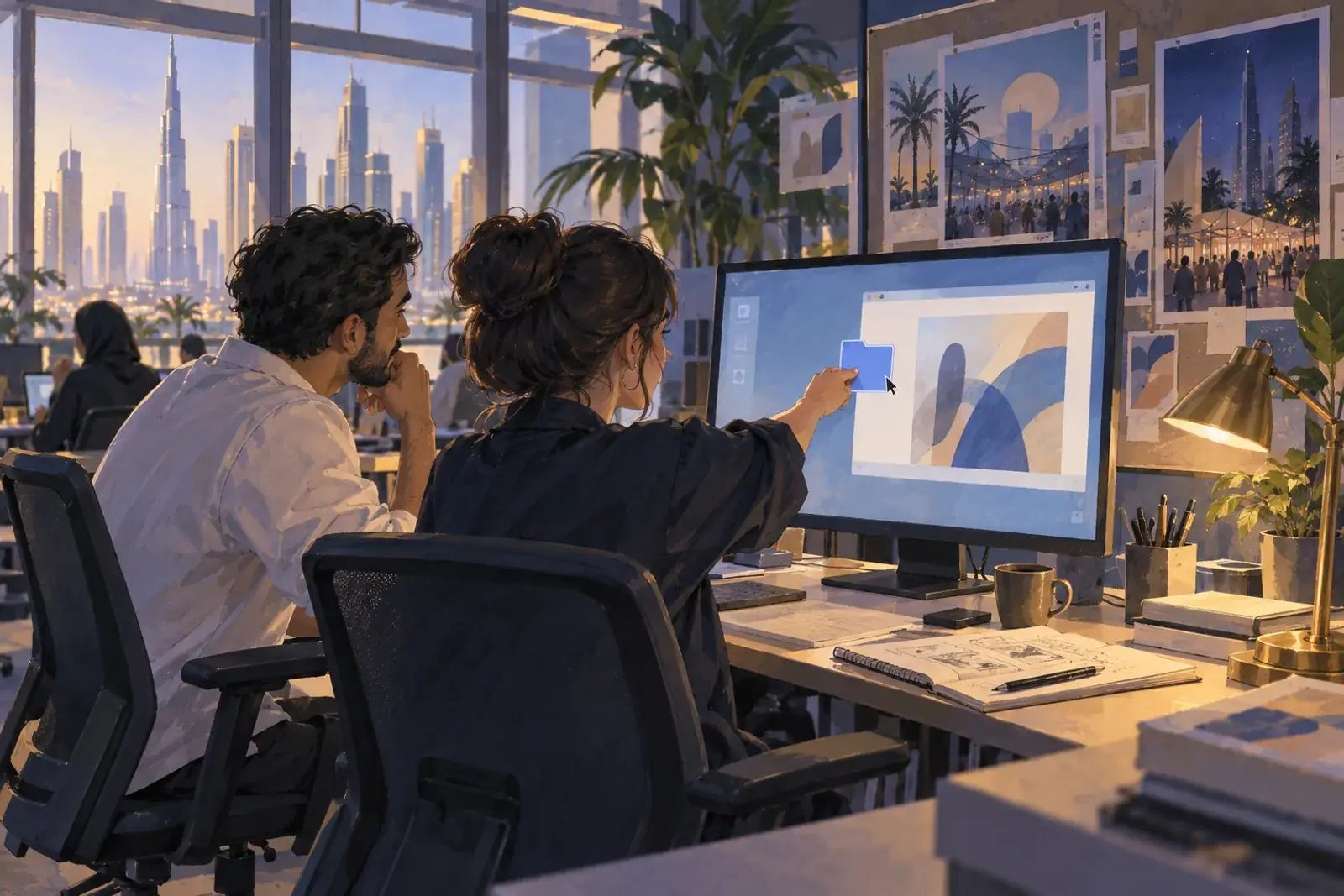A designer in a Dubai agency drags a finished site folder into a browser while an account manager watches.