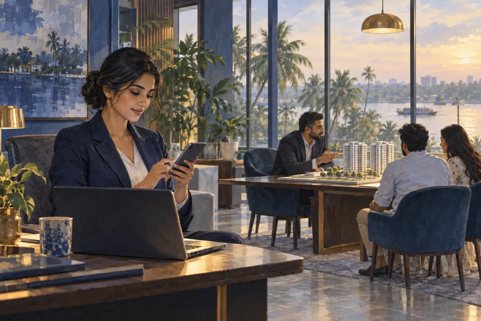 A sales manager at a Kochi developer approves a request on her phone while a colleague talks with buyers.