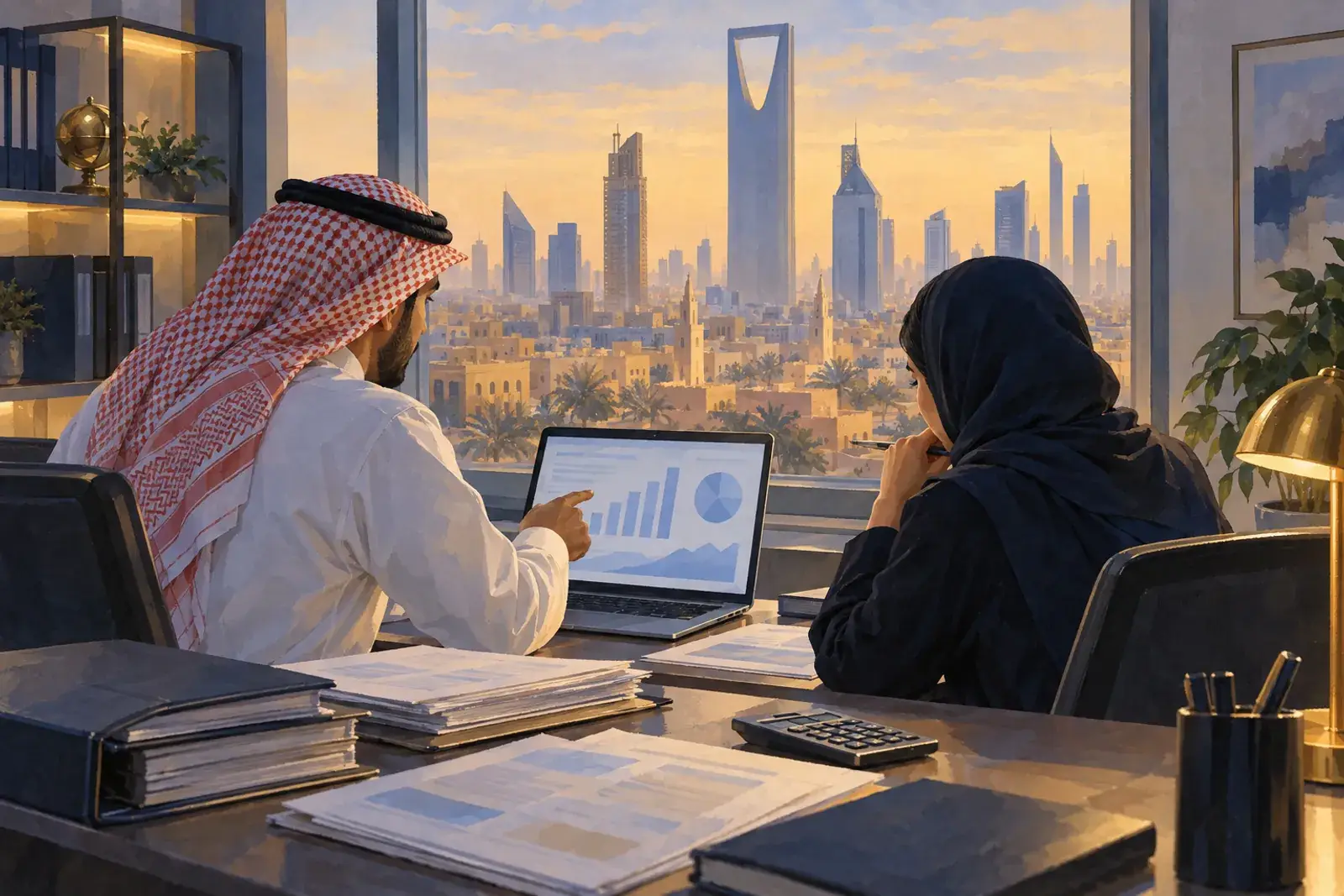 A data analyst and a credit officer in a Riyadh finance office review charts on a laptop beside loan folders.