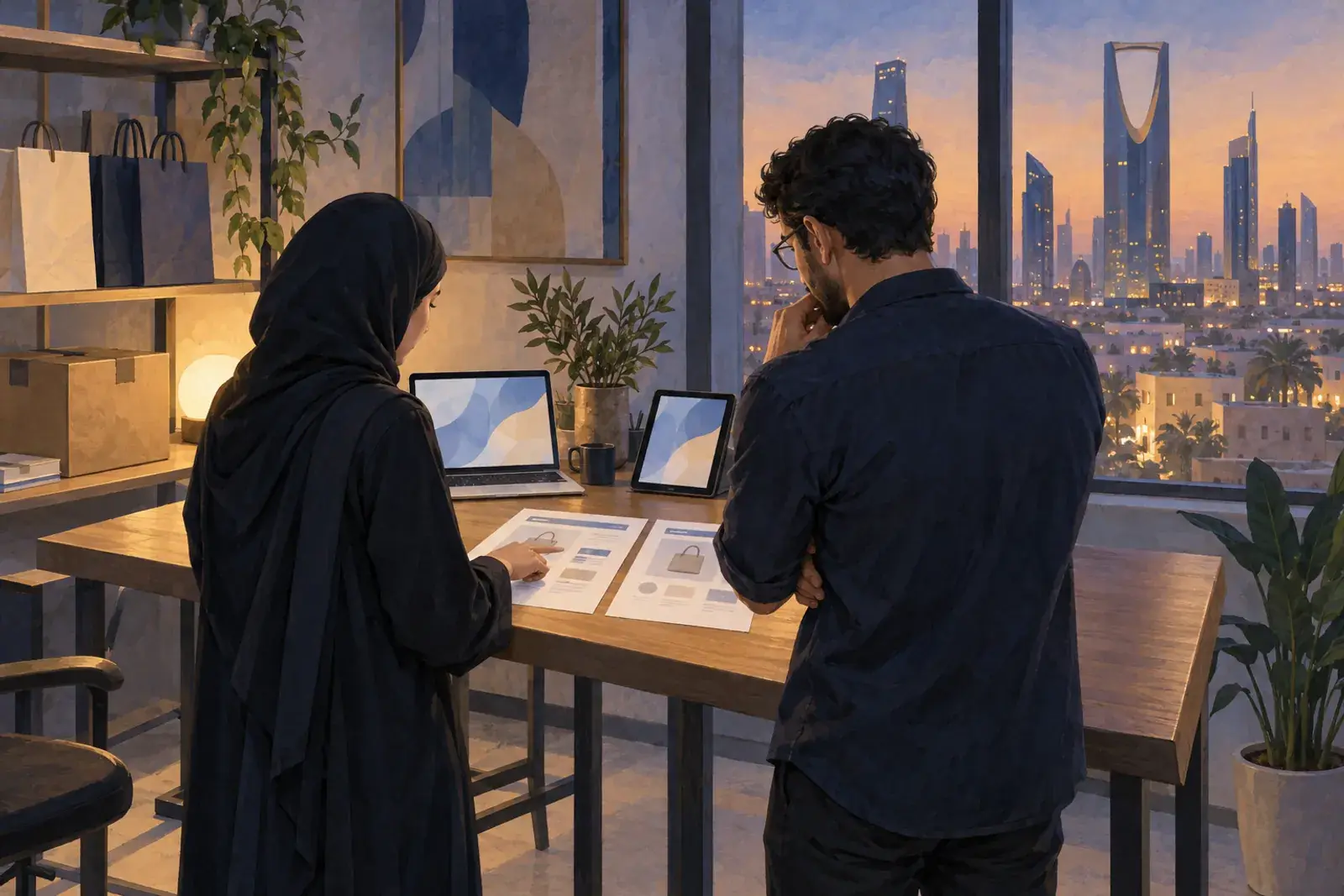 An e-commerce manager and a developer in Riyadh compare two printed checkout designs before a gradual release.