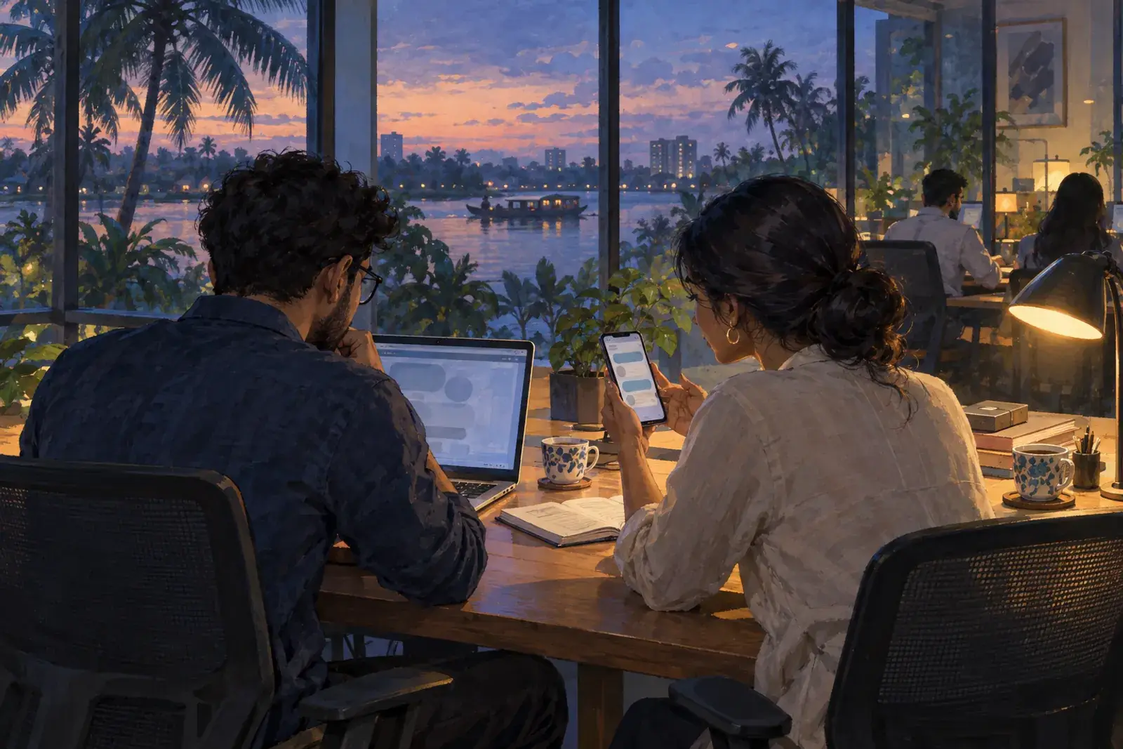 A developer and an operations manager in a Kochi office watch customer chats arrive on a phone beside a laptop.