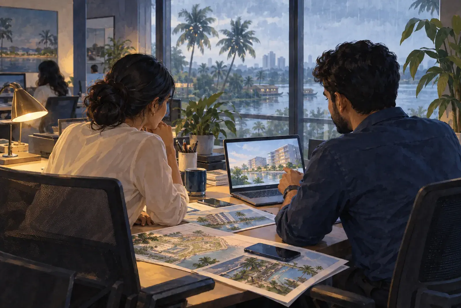 A marketing manager and a developer in a Kochi brokerage office watch a property site go live after a code push.