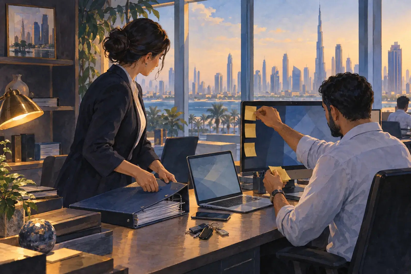An operations lead and an IT admin in a Dubai office move printed passwords and sticky notes into one laptop.