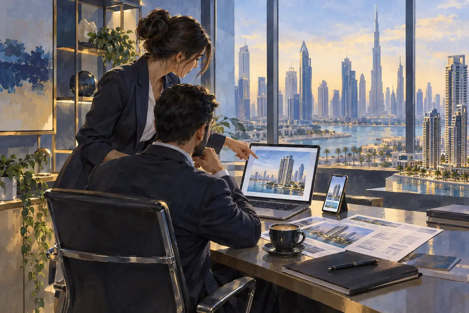 A marketing manager and a developer in a Dubai brokerage office check a property listing page on a laptop and a phone.
