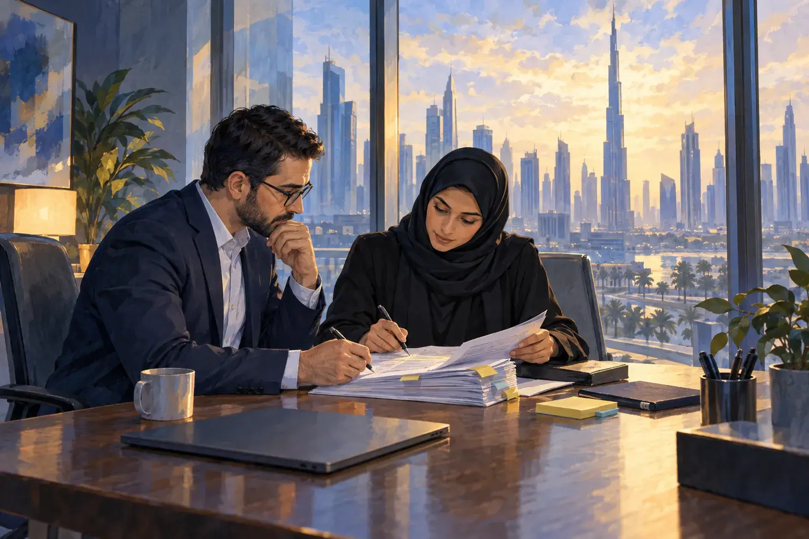 An IT manager and a compliance officer in Dubai work through a printed security questionnaire at a meeting table.