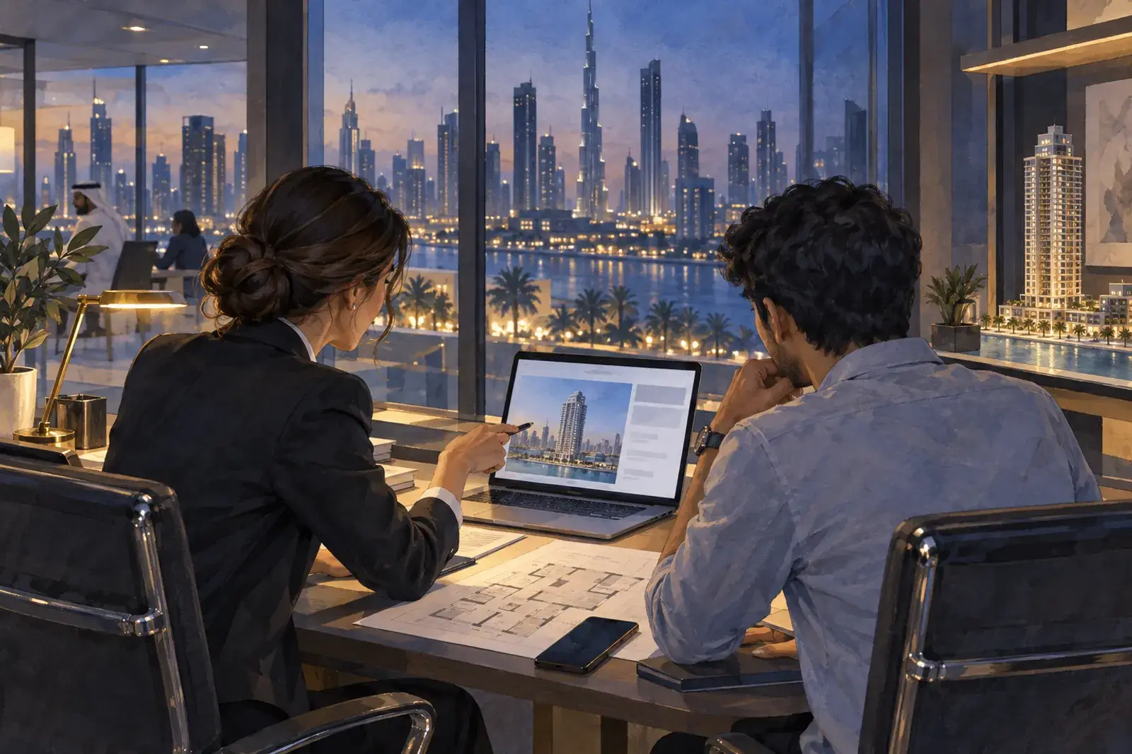 A sales head and a developer in a Dubai office check a launch page on a laptop before it goes live.