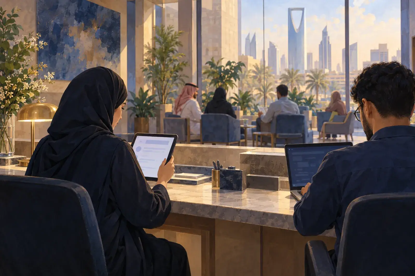 A patient services lead at a Riyadh clinic checks a booking form on a tablet while a developer works beside her.