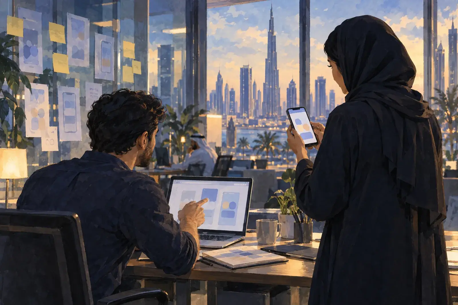 A founder tests a prototype app on her phone while a developer works on the same app on a laptop in a Dubai office.