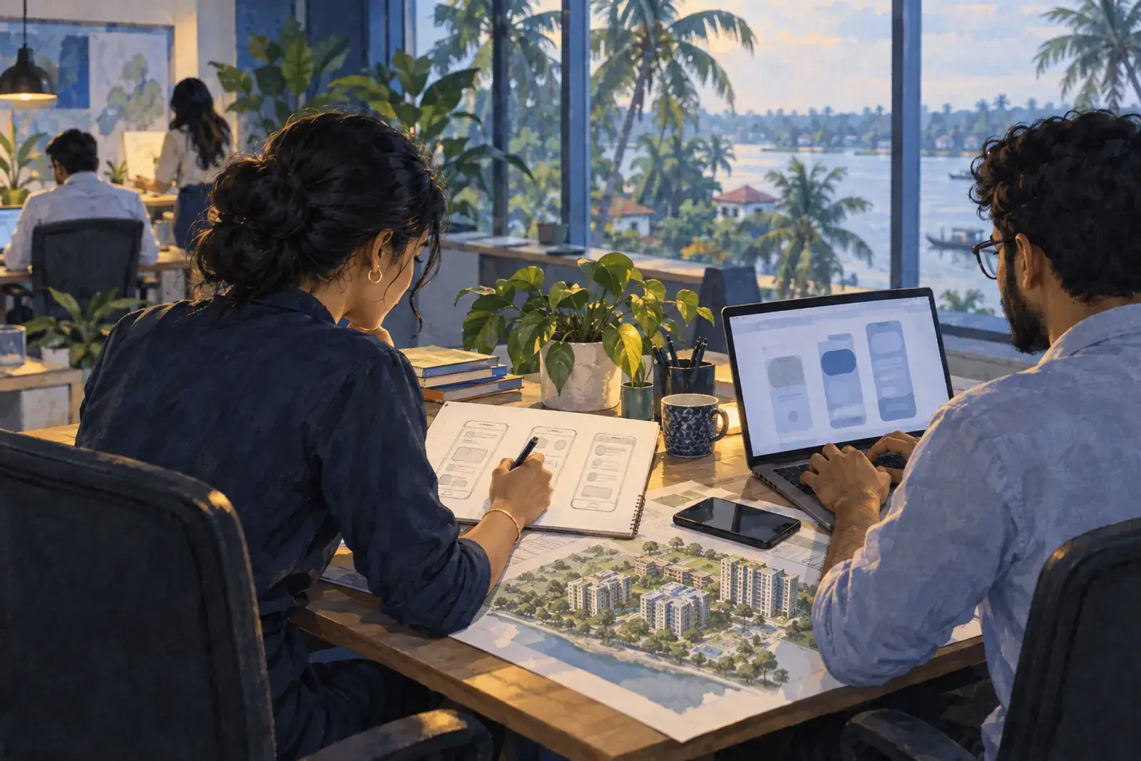 A sales head in a Kochi office sketches an app screen on paper while a developer works on a laptop beside her.